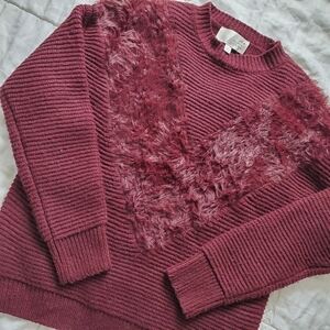 J.O.A. Knitted Oversized Fuzzy V Sweater Burgundy Size Small